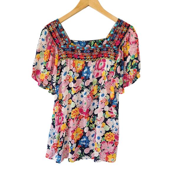 JOHNNY WAS Brisbane Floral-print Short-sleeve Top Bright Multi Medium - Picture 8 of 8